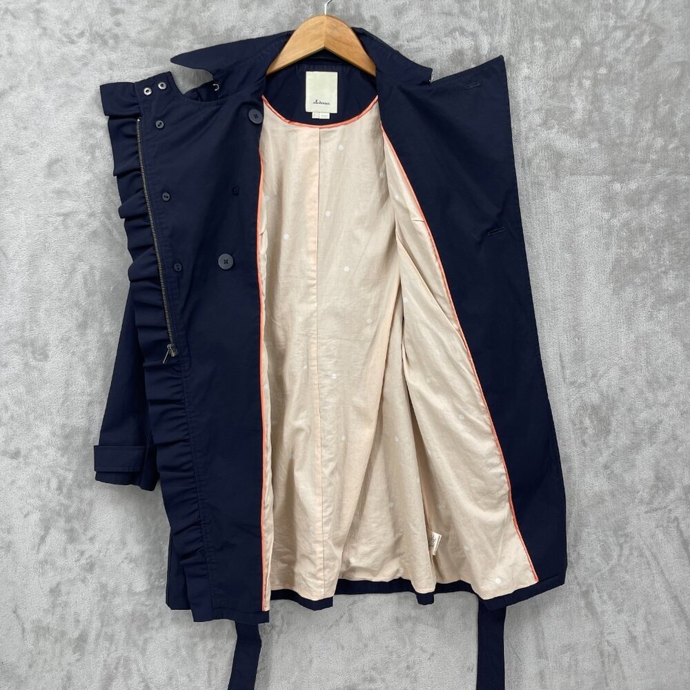 Elevenses Navy Ruffle Double Breasted Belted Mid Length Trench Coat - Picture 6 of 15